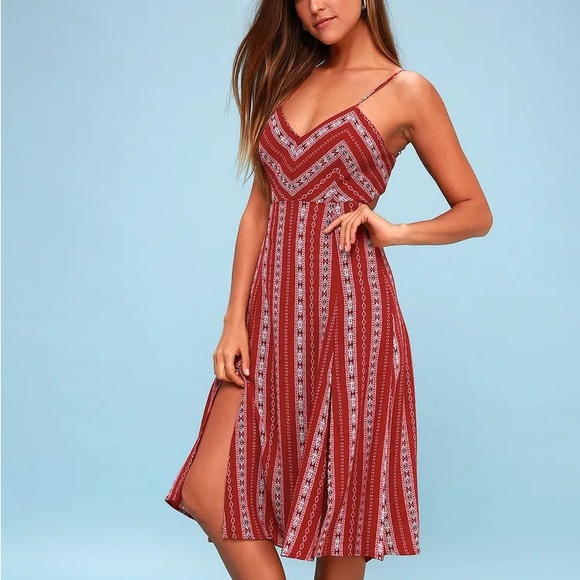 Lulu’s Rust Red Stripe Print Tie Back Side Slit Midi Dress - Picture 3 of 16